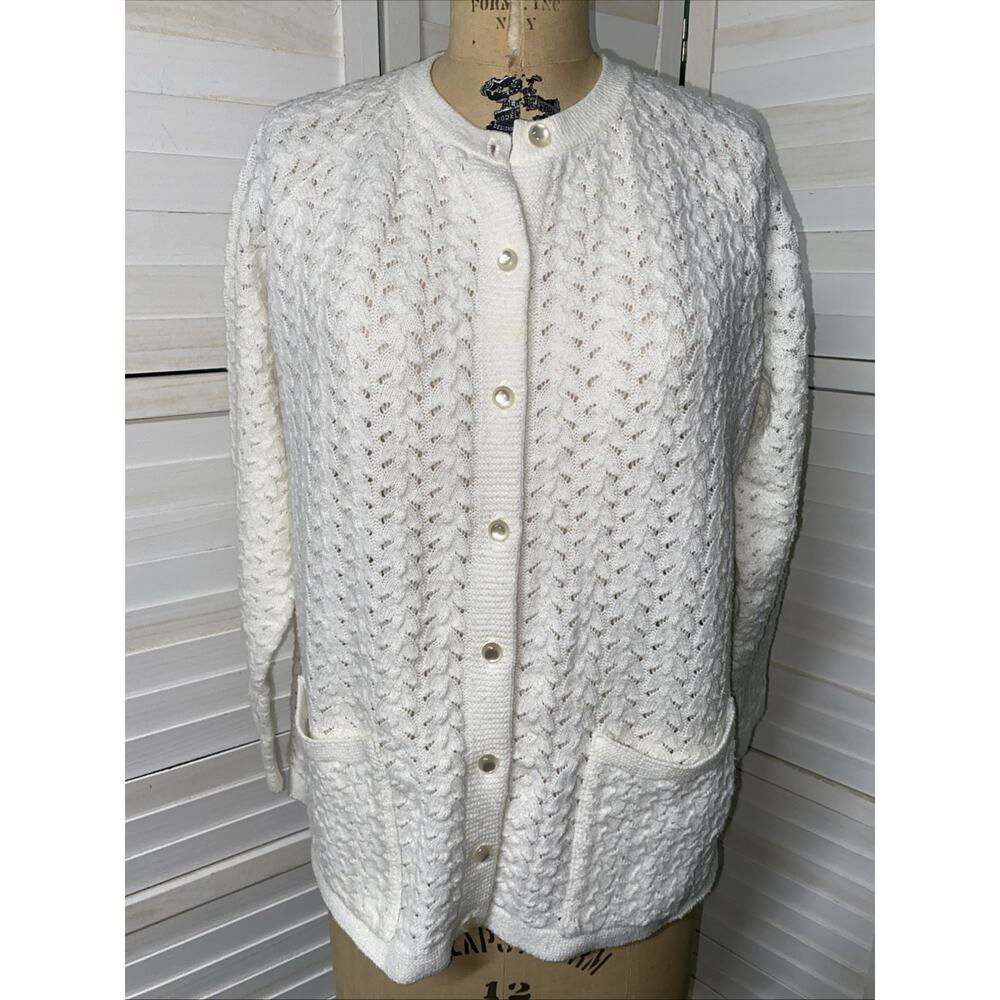 VTG American Beauty Grandma White Cardigan Sweater Knit Scallop Knit Made USA